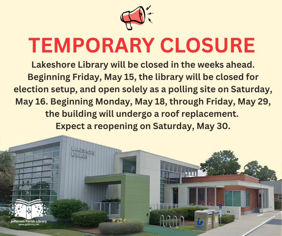 On Friday, May 15, the library will be closed for the election setup. On Saturday, May 16, the library will be open solely as a polling station. Beginning Monday, May 18, and continuing through Friday, May 29, the library will be closed to the public as a new roof is installed and the HVAC system repositioned. We anticipate reopening on Saturday, May 30. Stay tuned for additional details. We apologize for the inconvenience and encourage patrons to visit other libraries in the system for the duration of this temporary shutdown.