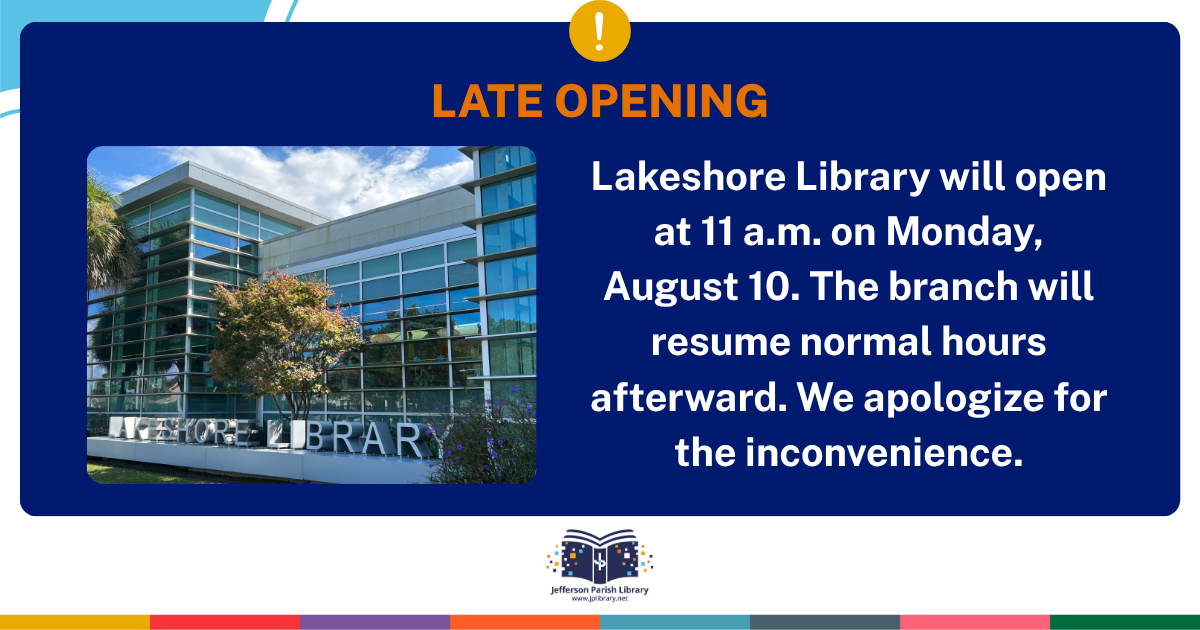 Lakeshore Library will open at 11 am on Monday, August 10. The branch will resume normal hours afterward. We apologize for the inconvenience.